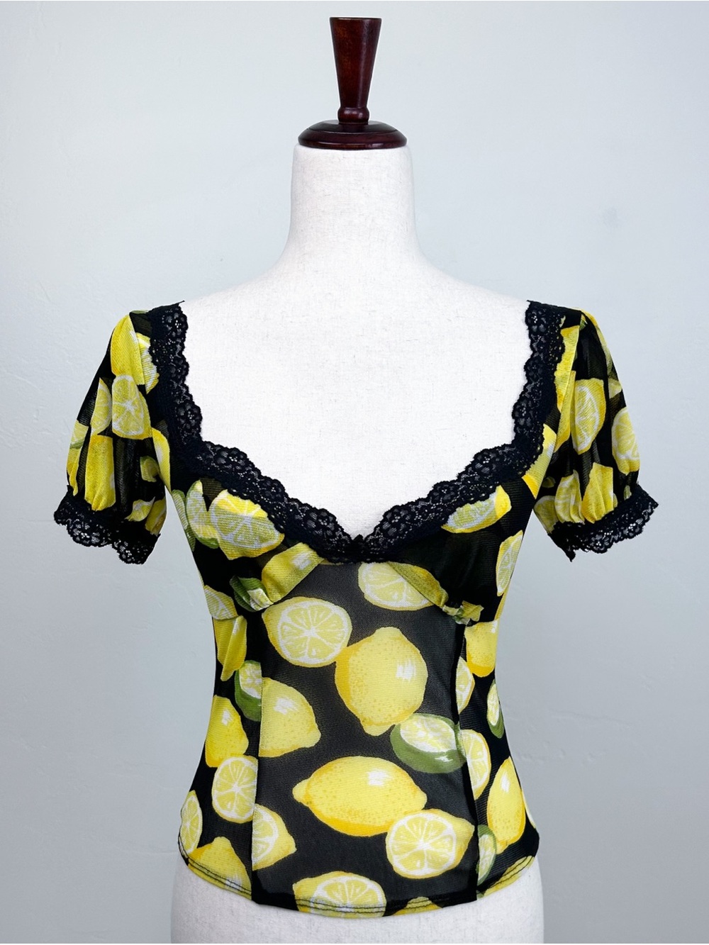 Urban Outfitters Kimchi Blue SMALL Lemon Lime Fruit Sheer Mesh Lace Top NWT